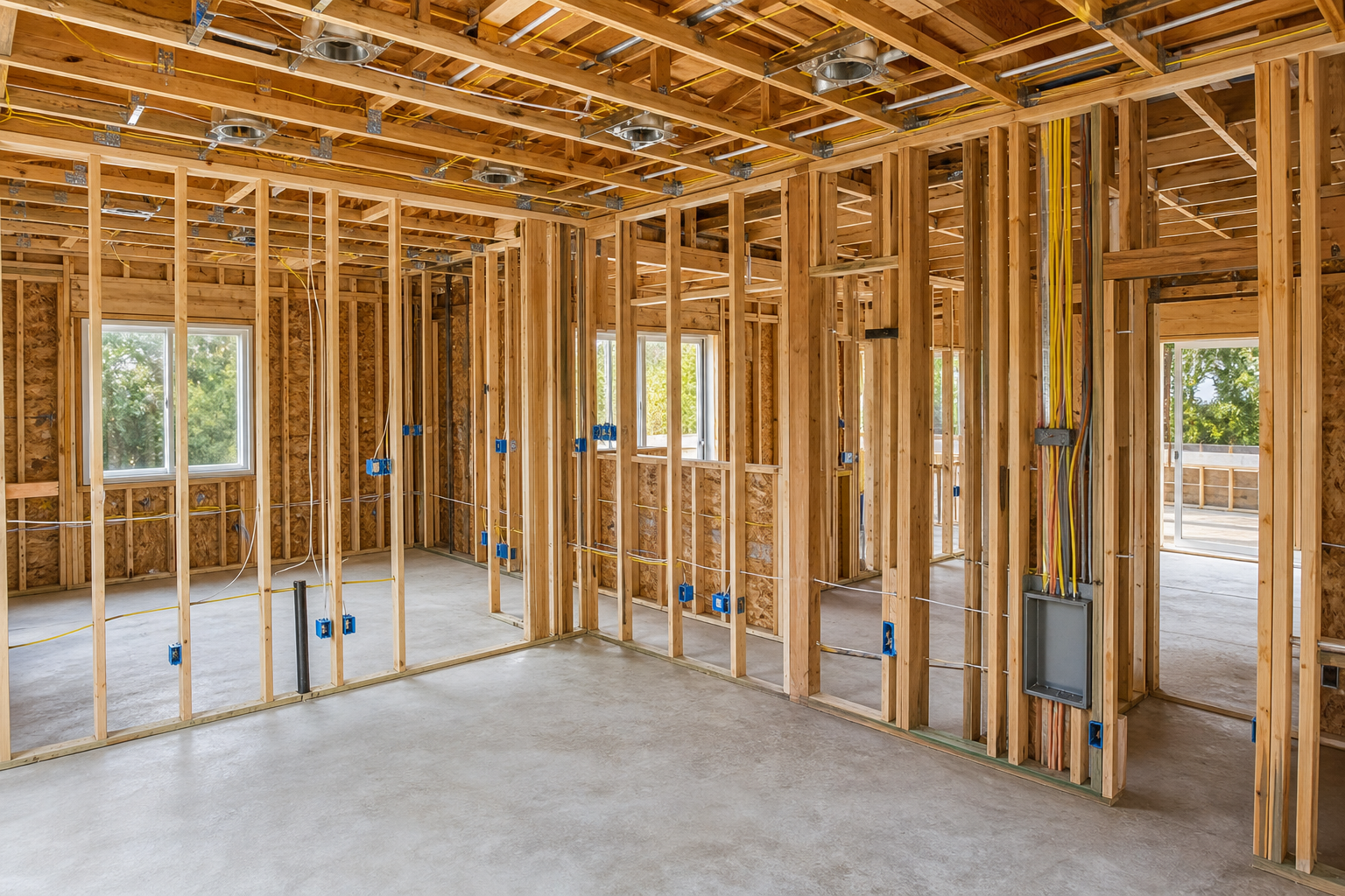 Electrical rough-in with boxes and wiring during a home addition build