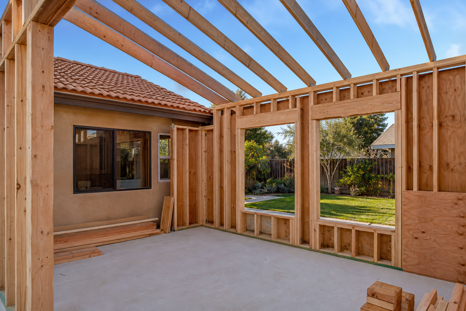 Wood wall framing for a home addition connected to the original structure