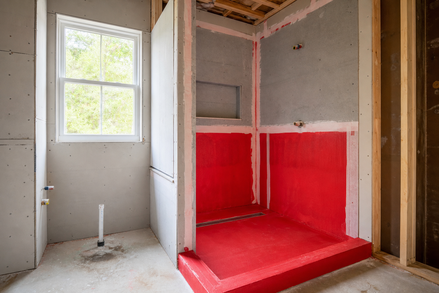 Bathroom shower waterproofing membrane applied before tile installation
