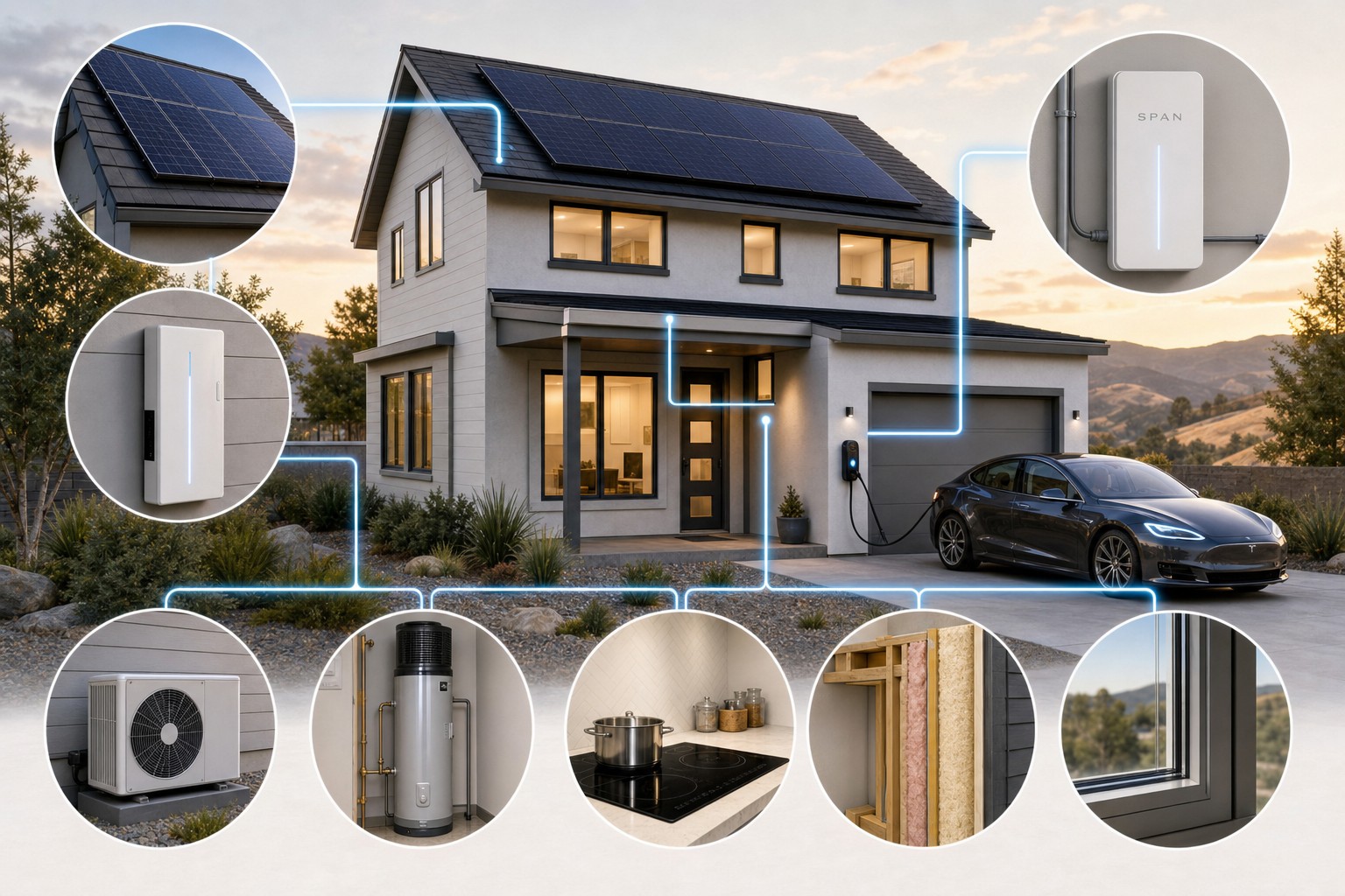 Home electrification system diagram connecting solar, battery, SPAN smart panel, EV charger, heat pump, induction range, insulation and efficient windows