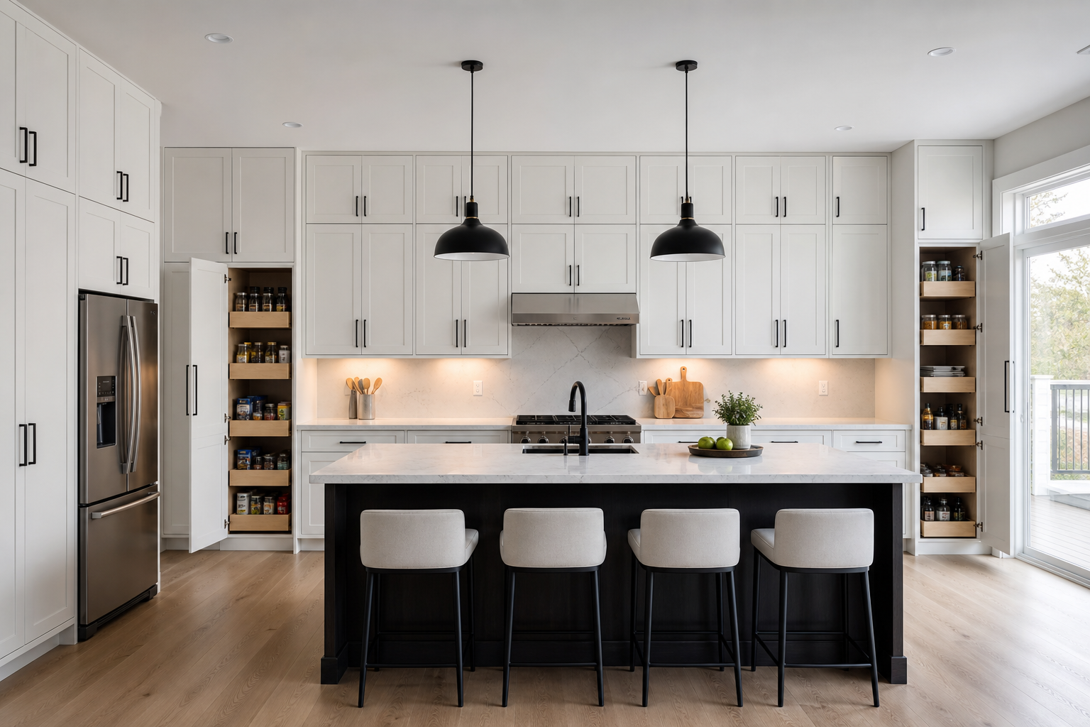 Custom kitchen cabinet storage with pull-out drawers