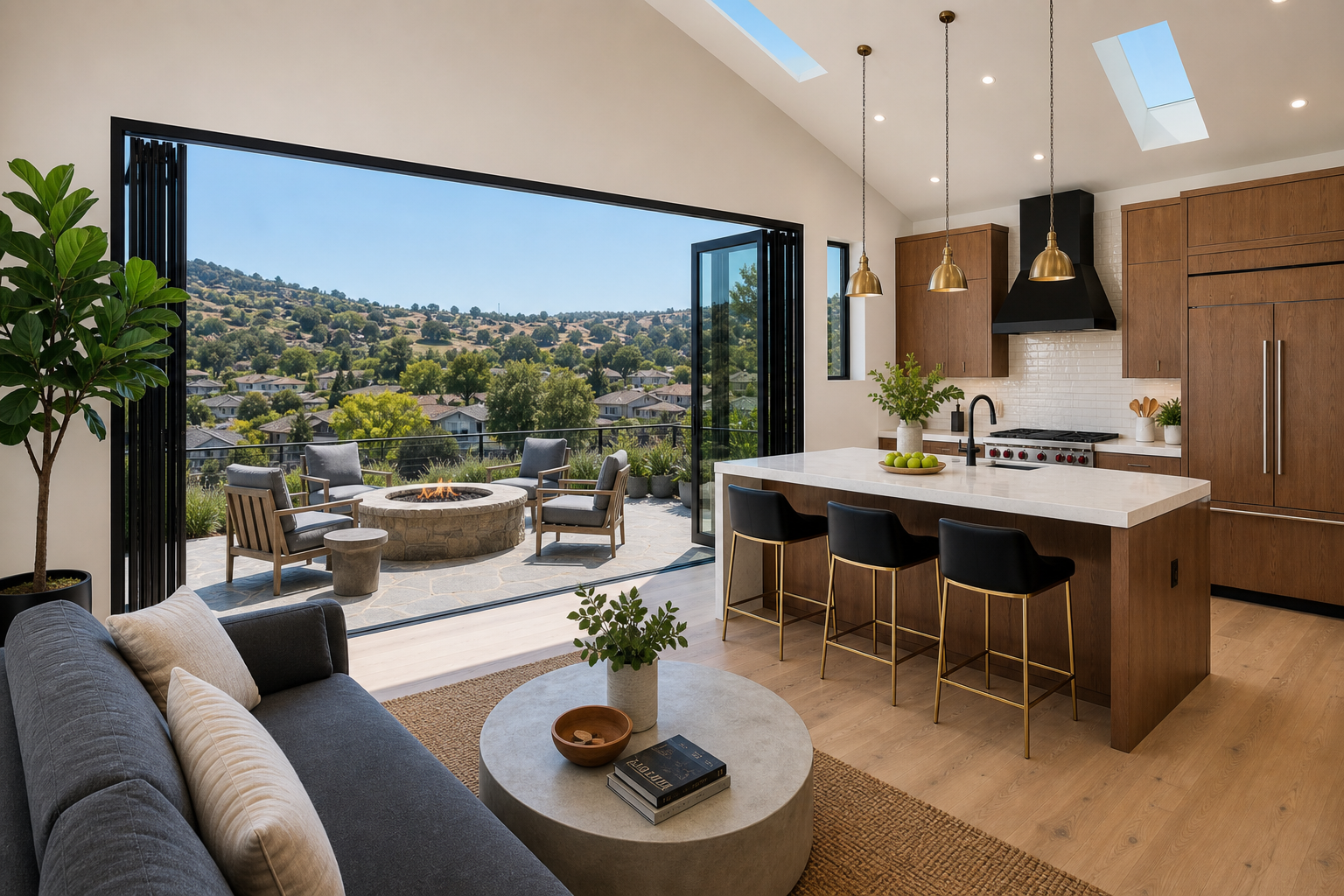 Living room and kitchen open to patio with South Bay suburban homes visible beyond the glass wall
