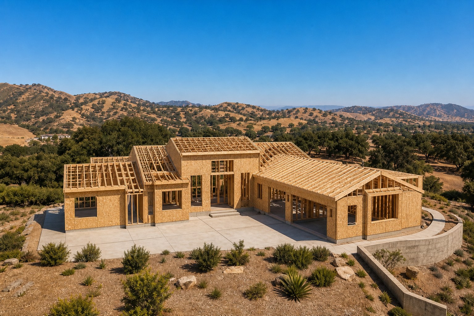 Wood framing and roof trusses during custom new home construction