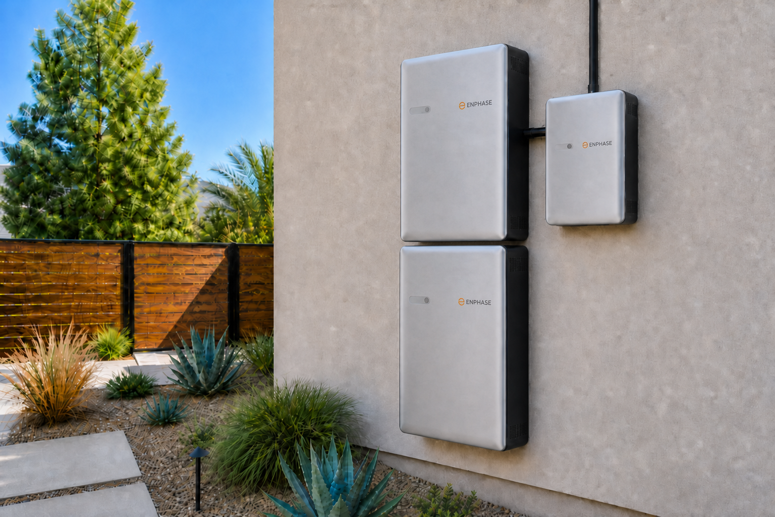 Enphase IQ Battery 5P stack and IQ System Controller 3 on a California home with code-compliant spacing and conduit runs