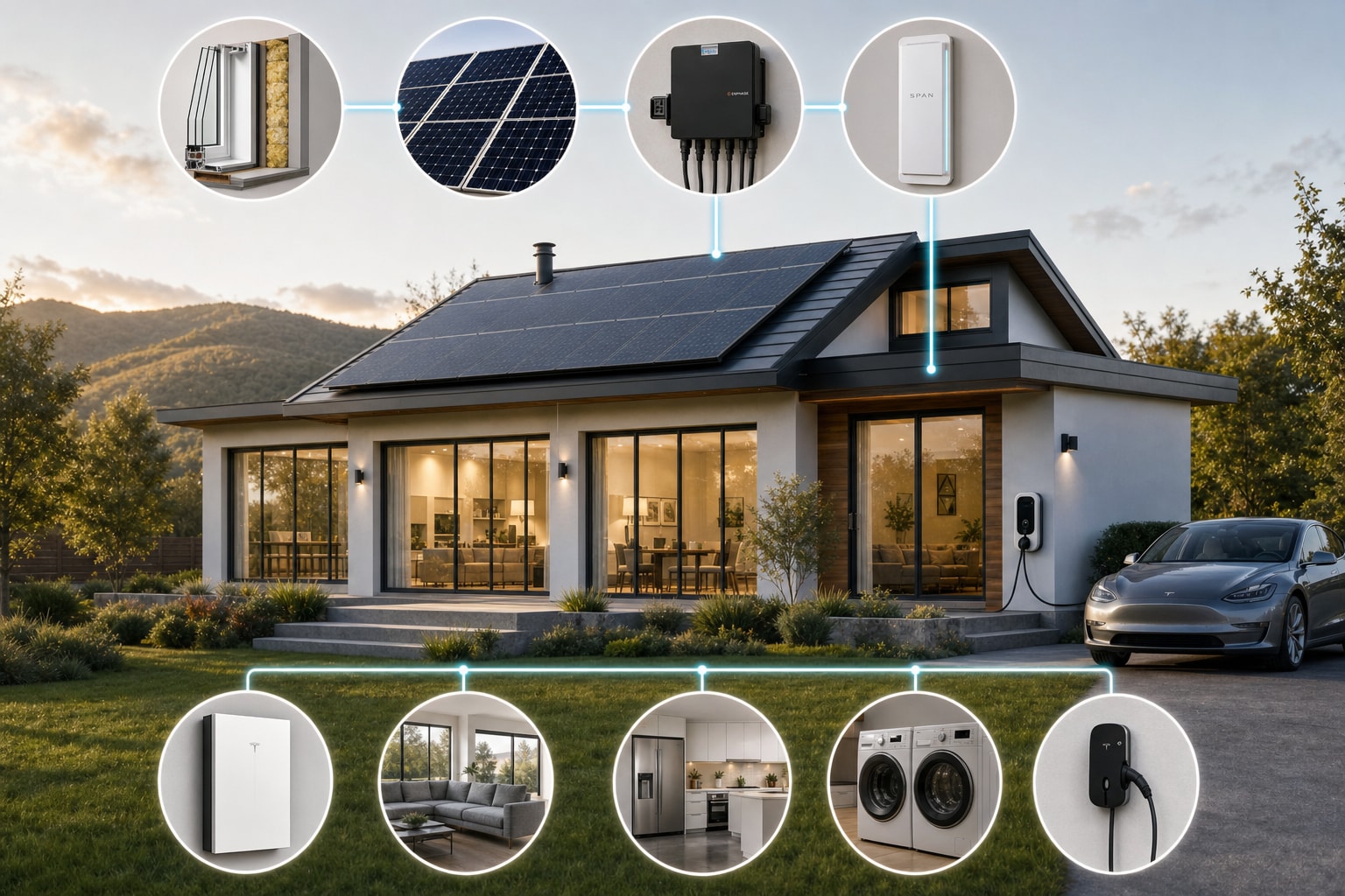 Energy flow from efficiency upgrades through solar, microinverters, SPAN panel, battery, home loads and EV charger