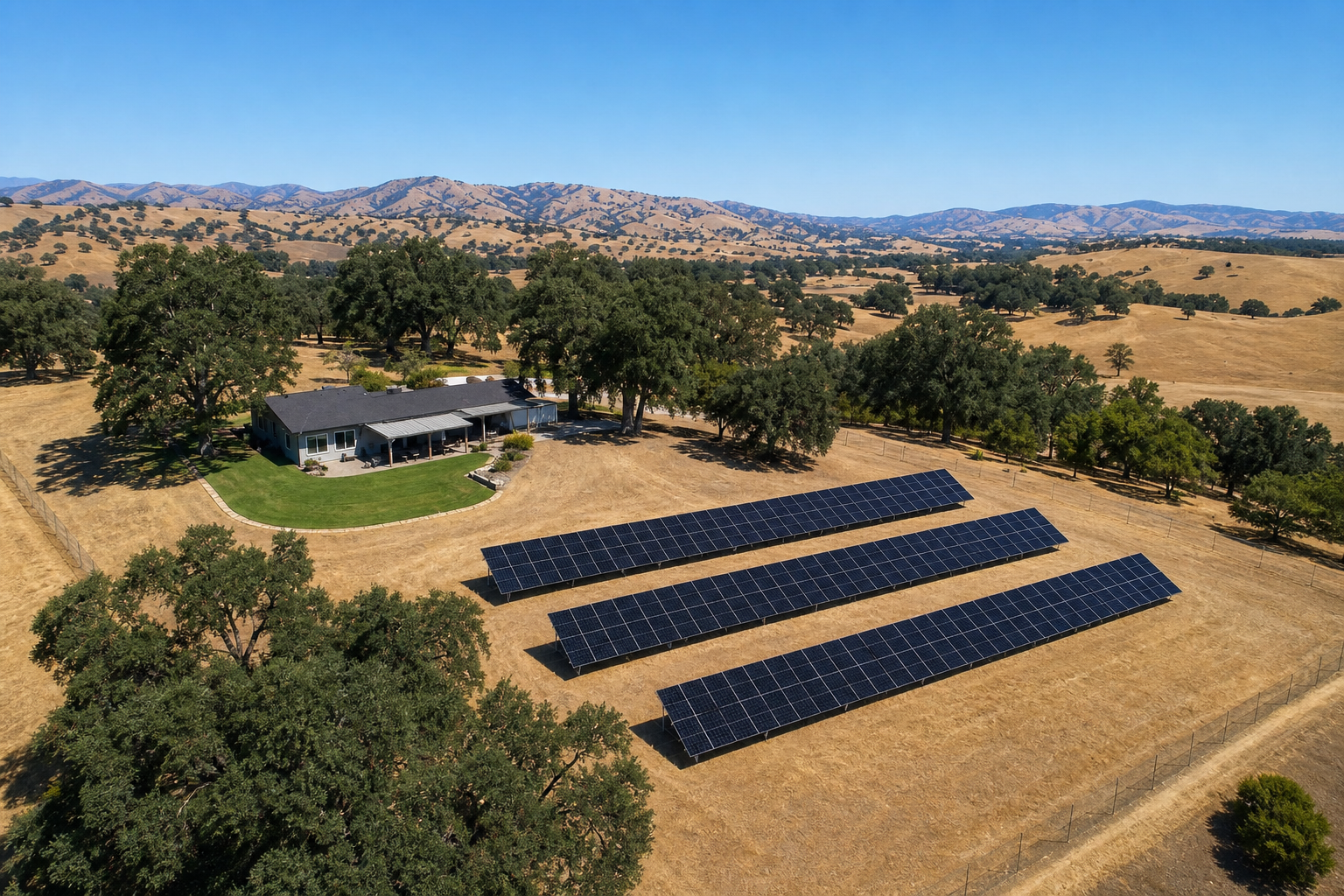 Ground-mounted solar array on a larger property with ranch home and open acreage