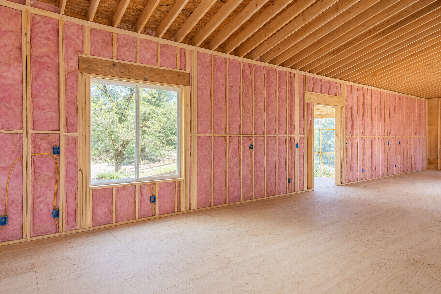 Open wall showing insulation, framing, and electrical rough-in during a whole-home remodel